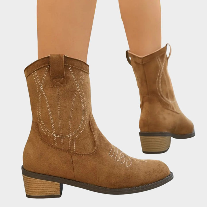 Women's Western Embroidered Mid-Calf Ankle Boots with Stacked Block Heel 5