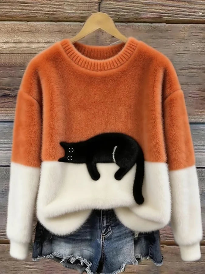Women's oversized sweater with color block design and cat motif 2