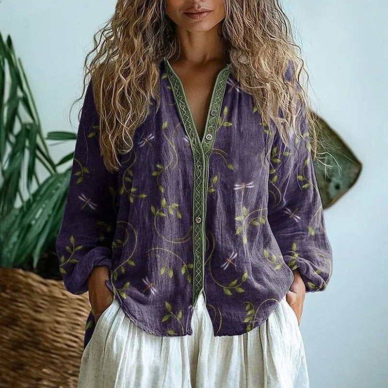 Womens Blouse - Boho Printed V-Neck Long Sleeve Top with Relaxed Fit, Casual Style for Every Occasion 0