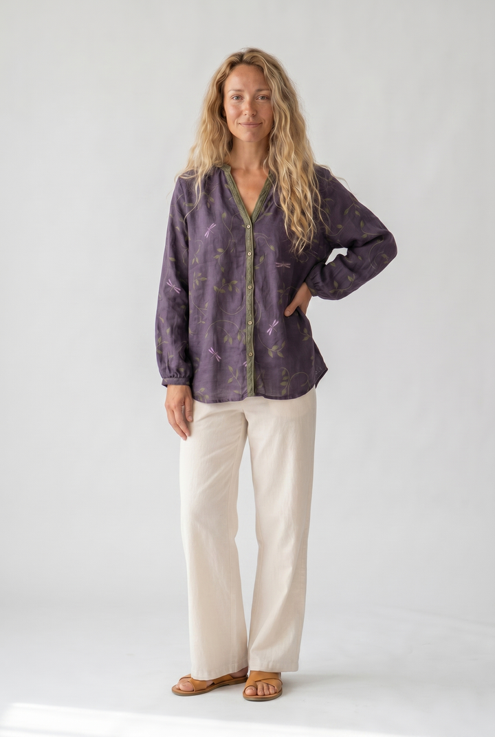 Womens Blouse - Boho Printed V-Neck Long Sleeve Top with Relaxed Fit, Casual Style for Every Occasion 1