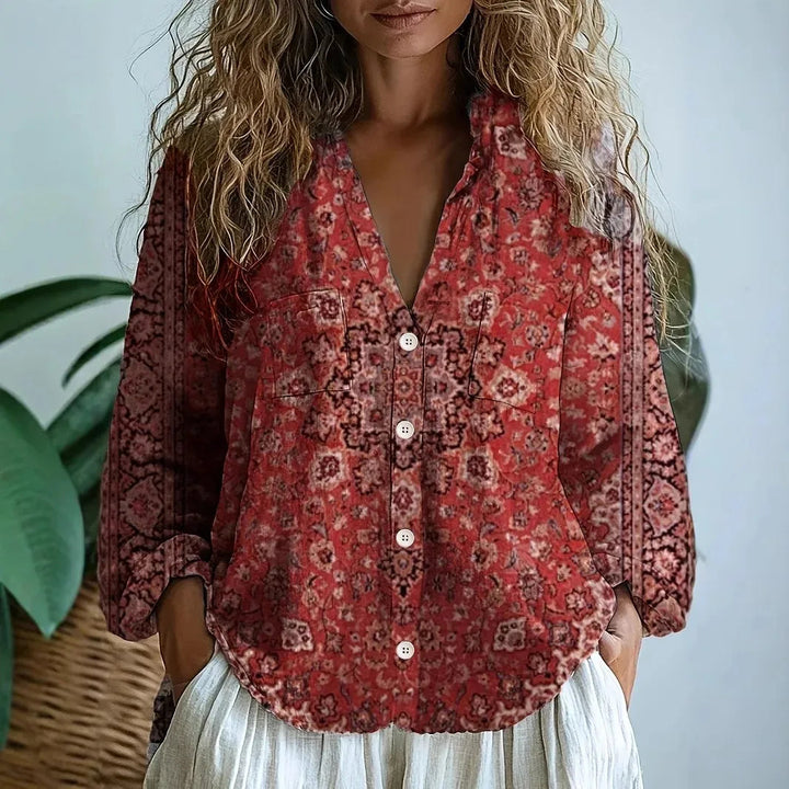 Womens Blouse - Boho Printed V-Neck Long Sleeve Top with Relaxed Fit, Casual Style for Every Occasion 10