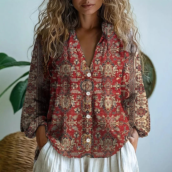 Womens Blouse - Boho Printed V-Neck Long Sleeve Top with Relaxed Fit, Casual Style for Every Occasion 11