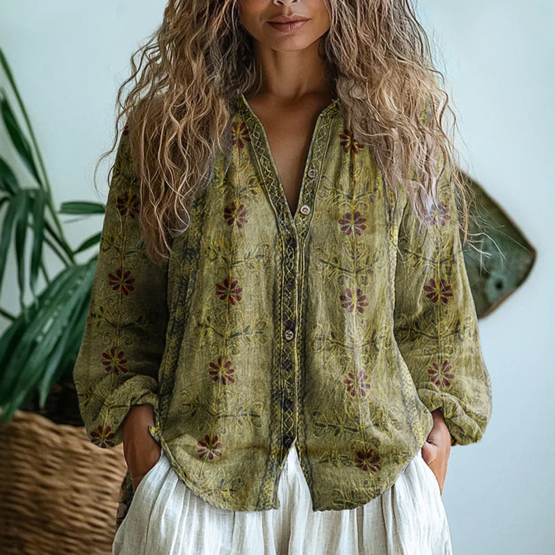 Womens Blouse - Boho Printed V-Neck Long Sleeve Top with Relaxed Fit, Casual Style for Every Occasion 6