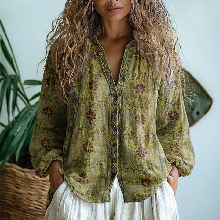 Womens Blouse - Boho Printed V-Neck Long Sleeve Top with Relaxed Fit, Casual Style for Every Occasion 6