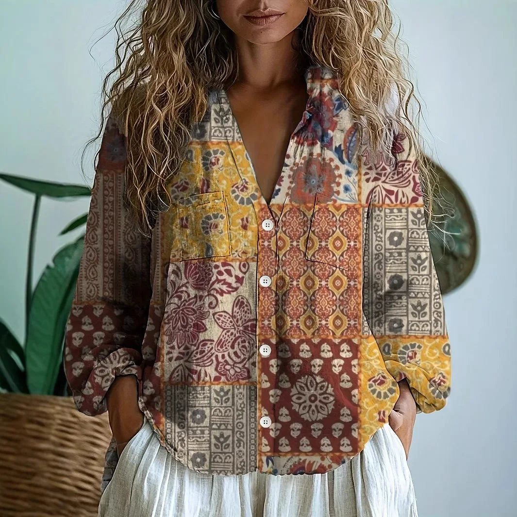 Womens Blouse - Boho Printed V-Neck Long Sleeve Top with Relaxed Fit, Casual Style for Every Occasion 9