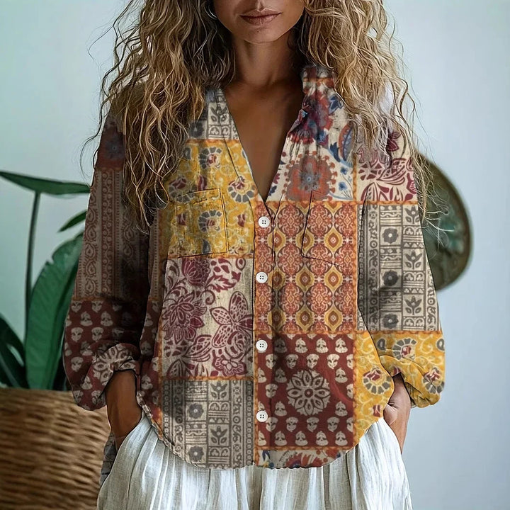 Womens Blouse - Boho Printed V-Neck Long Sleeve Top with Relaxed Fit, Casual Style for Every Occasion 9