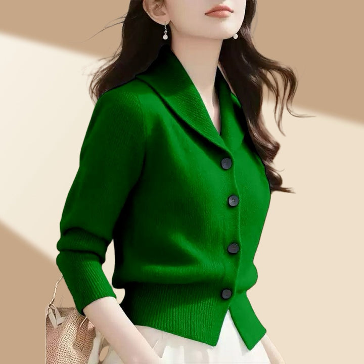Women's White Cardigan Sweater with Button-Front and Tailored Lapel Collar for Office and Casual Wear