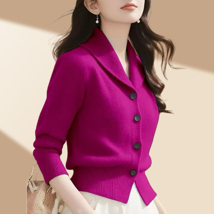 Women's White Cardigan Sweater with Button-Front and Tailored Lapel Collar for Office and Casual Wear