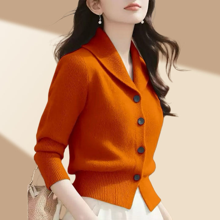Women's White Cardigan Sweater with Button-Front and Tailored Lapel Collar for Office and Casual Wear