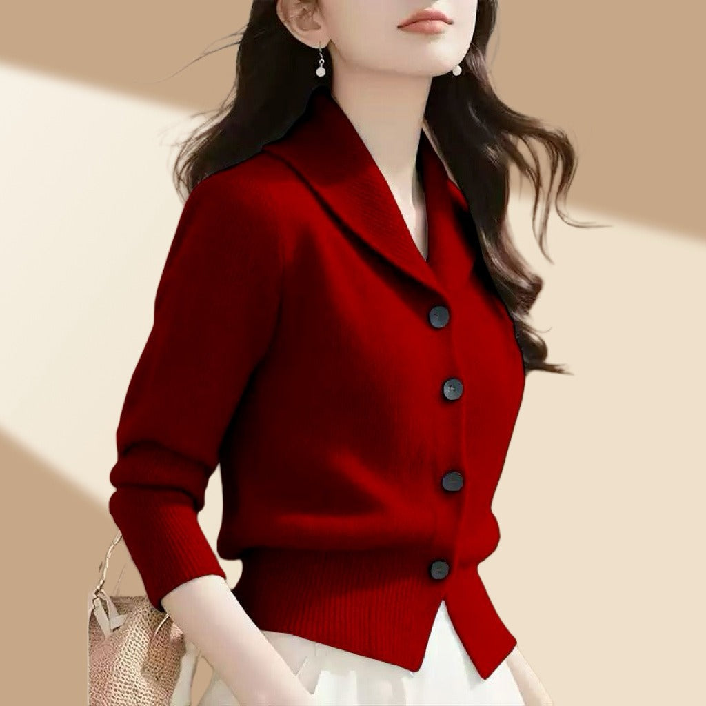 Women's White Cardigan Sweater with Button-Front and Tailored Lapel Collar for Office and Casual Wear