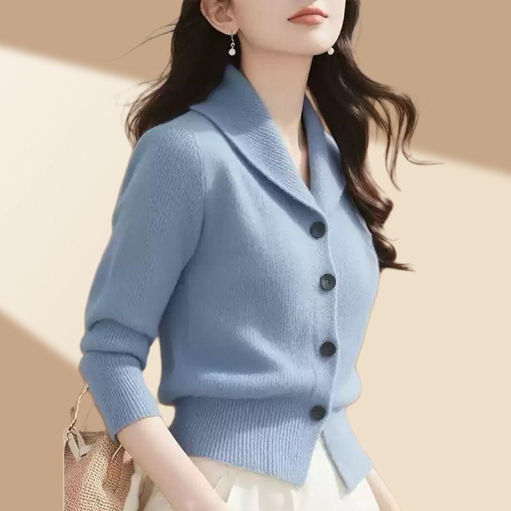 Women's White Cardigan Sweater with Button-Front and Tailored Lapel Collar for Office and Casual Wear