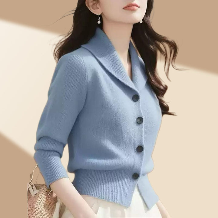 Women's White Cardigan Sweater with Button-Front and Tailored Lapel Collar for Office and Casual Wear