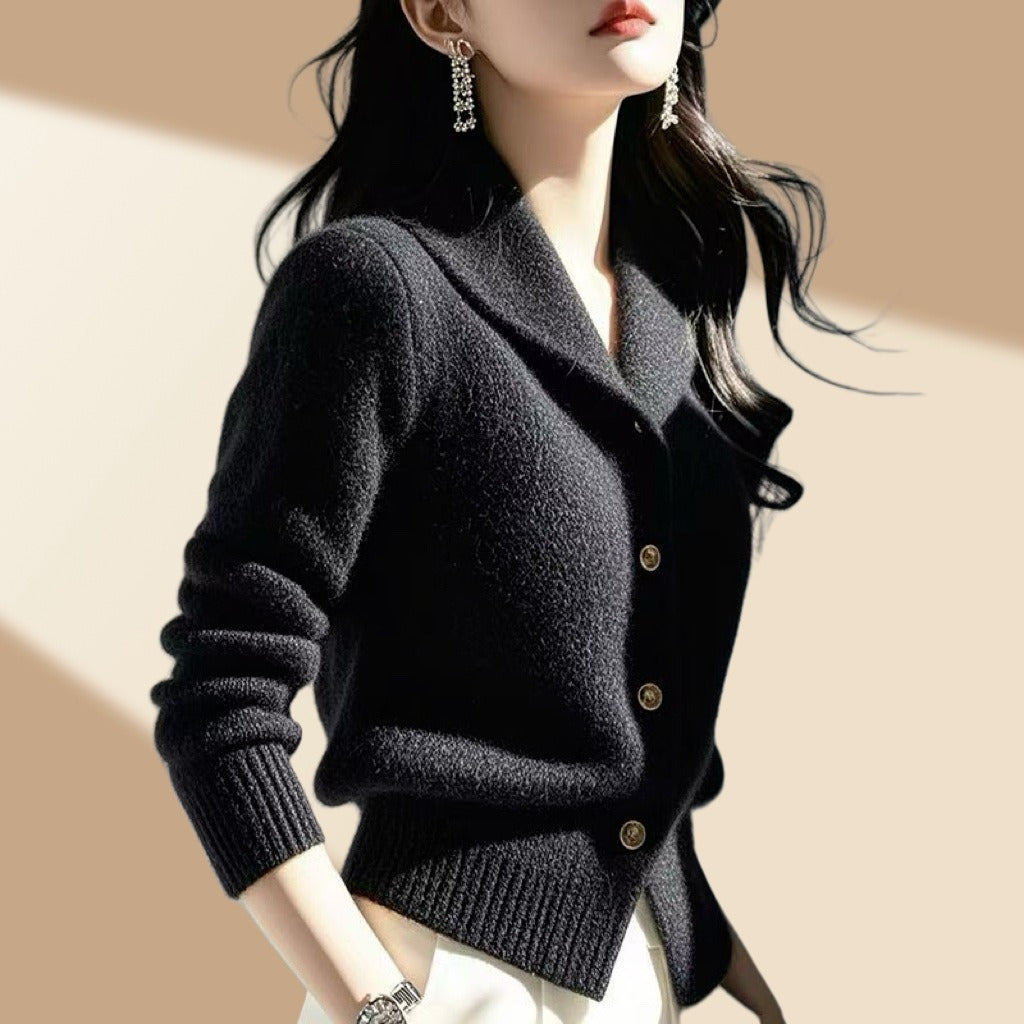 Women's White Cardigan Sweater with Button-Front and Tailored Lapel Collar for Office and Casual Wear