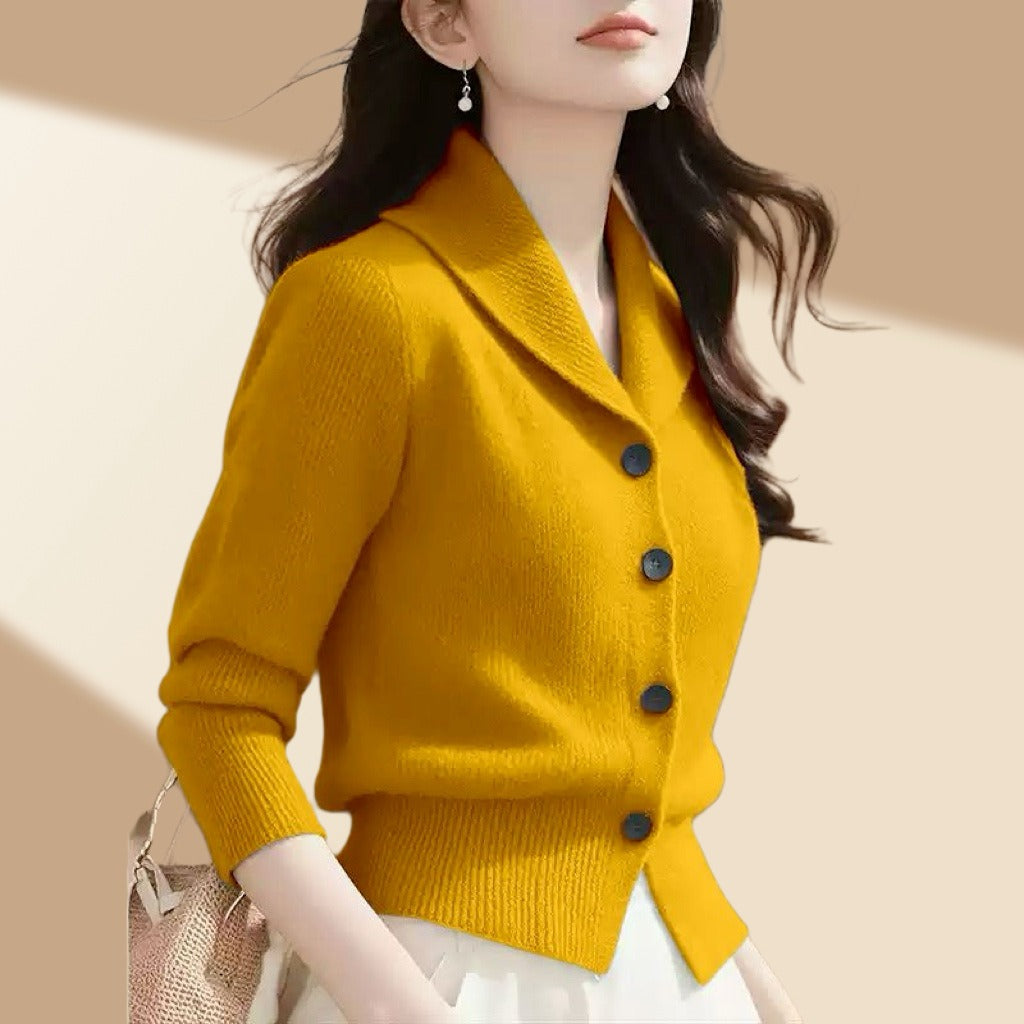 Women's White Cardigan Sweater with Button-Front and Tailored Lapel Collar for Office and Casual Wear
