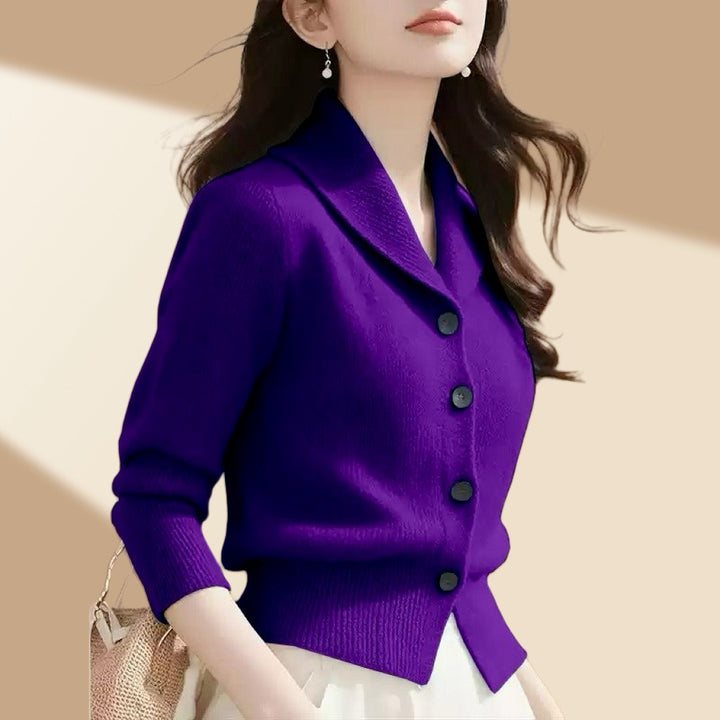 Women's White Cardigan Sweater with Button-Front and Tailored Lapel Collar for Office and Casual Wear